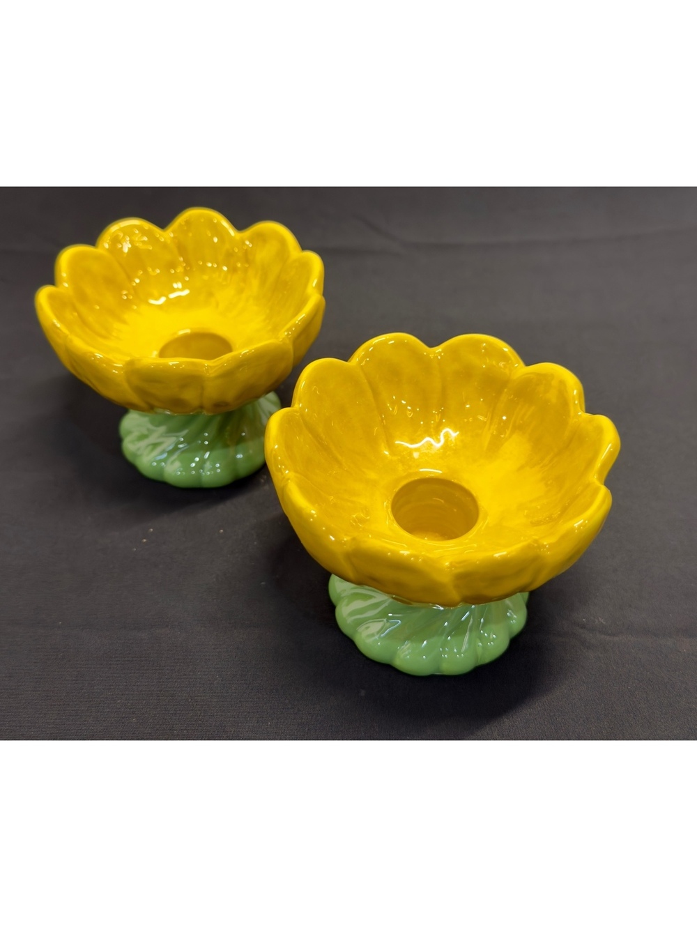 Vintage Ceramic Yellow sunflower Flower Candle Holders  Green Leaf Bases